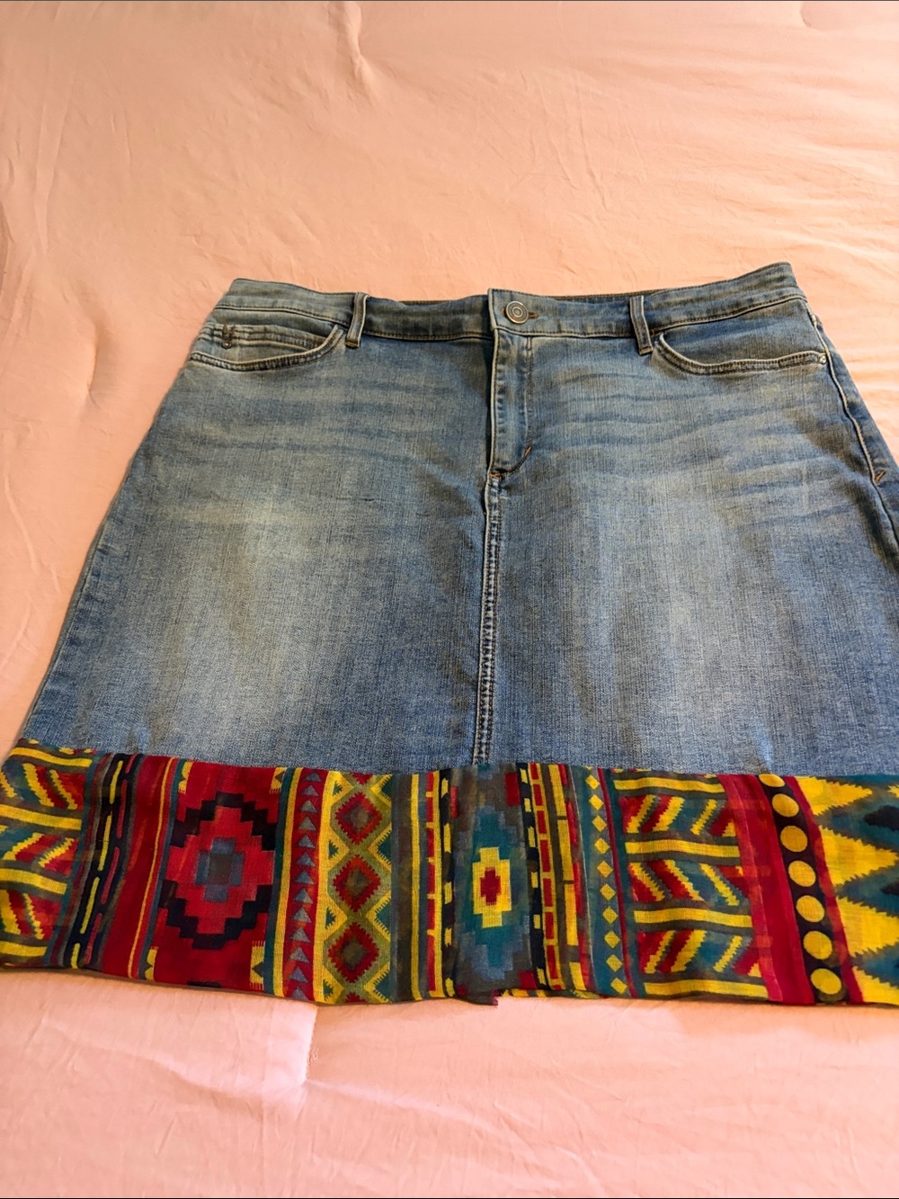 Skinnygirl Blue Denim Mini Skirt with Multicolor Aztec Trim
